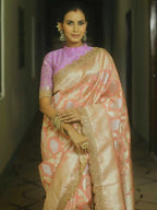 Peach premium banarasi katan silk saree with zari weaving & lace border