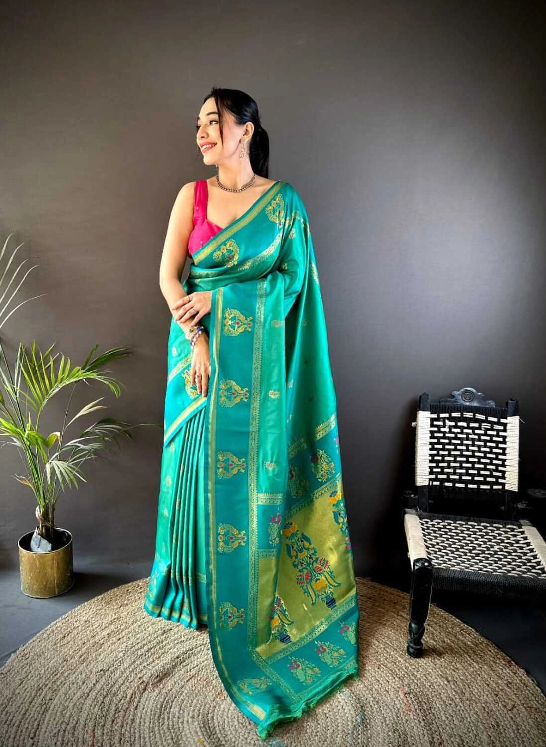 Rama green traditional paithani silk saree with meenakari zari weaving work