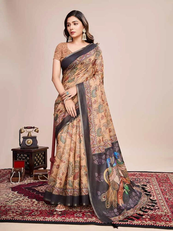 Multi soft linen cotton saree with floral printed work