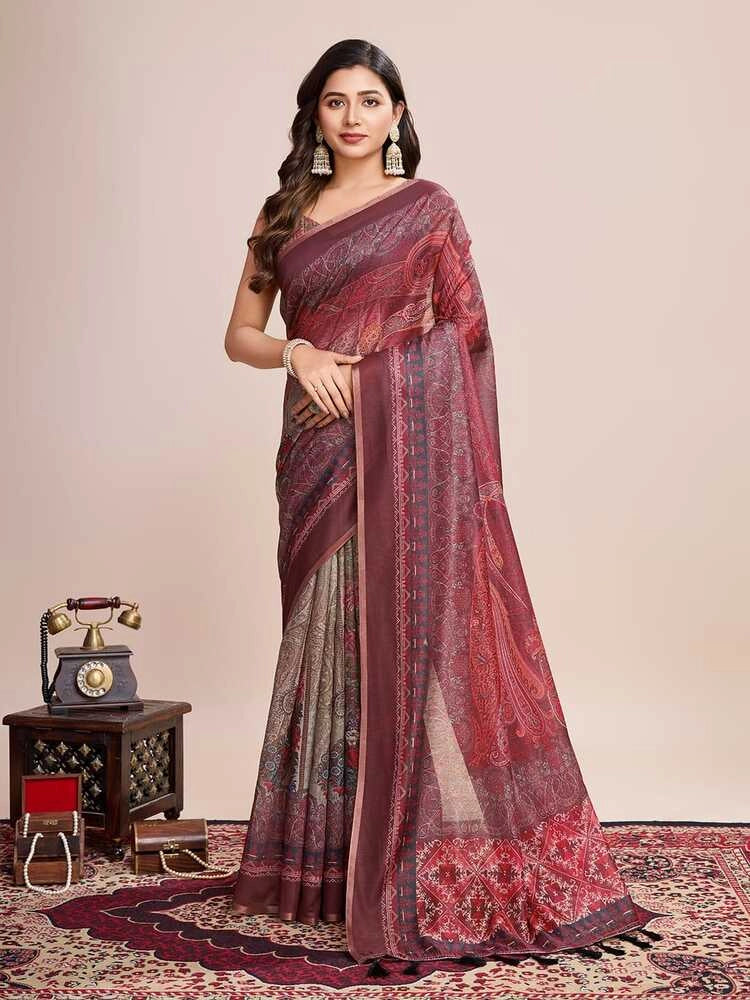 Multi soft linen cotton saree with kalamkari printed work
