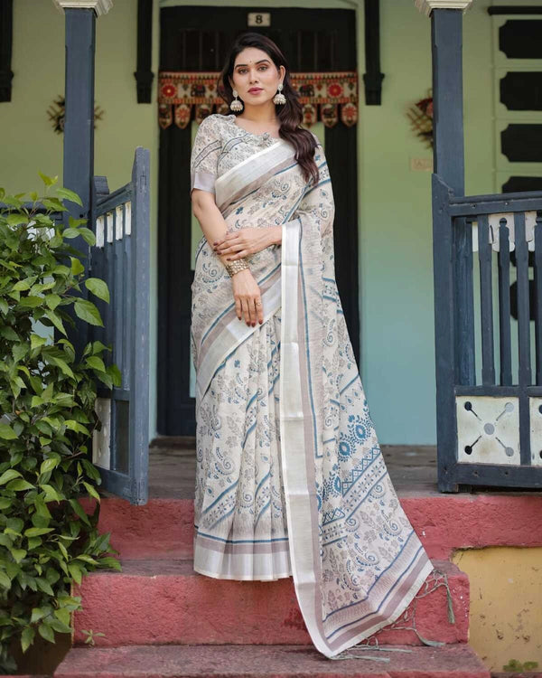 Multi summer special digital printed linen cotton saree