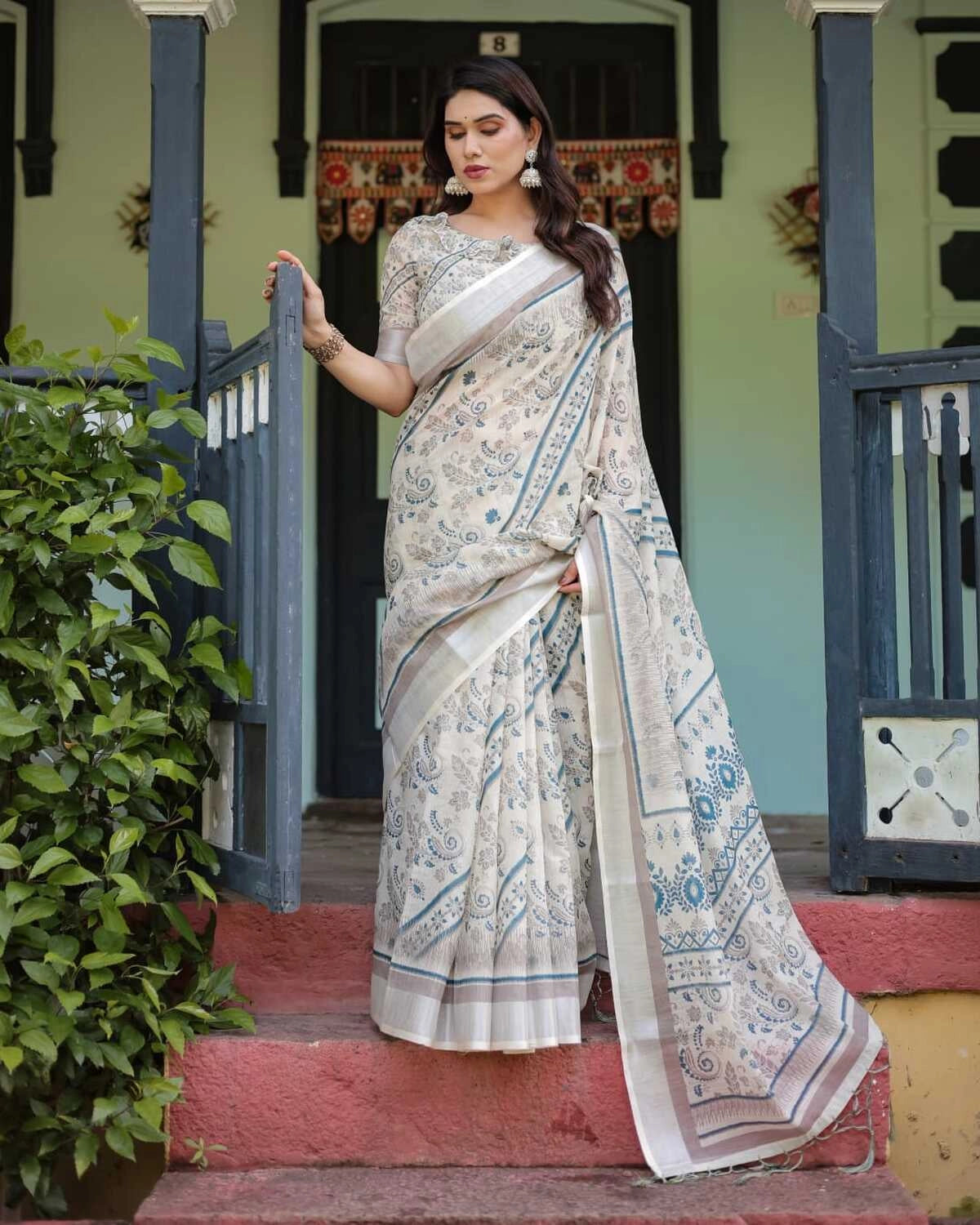 Multi summer special digital printed linen cotton saree