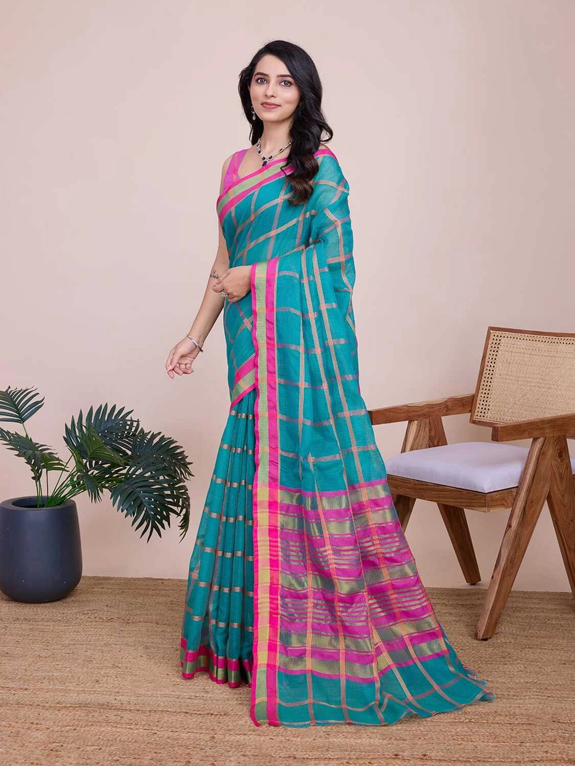 Sea green kota doriya saree with zari weaving work
