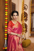 Pink color kanjivaram silk saree with zari weaving work