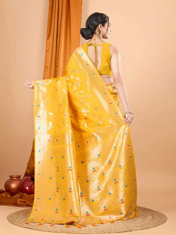 Yellow premium banarasi silk saree with meenakari zari weaving work