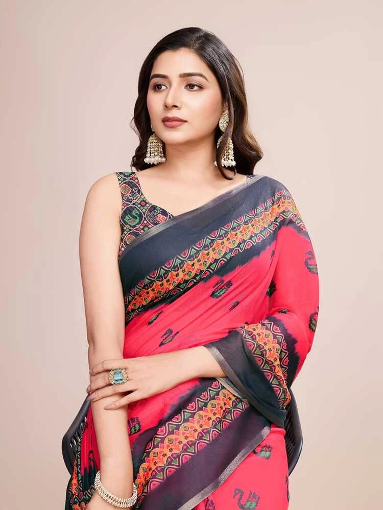 Pink soft linen cotton saree with digital printed work