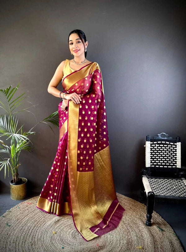 Magenta latest organza silk saree with zari weaving work