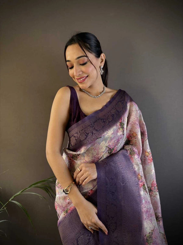 Fancy Purple linen silk saree with digital printed work
