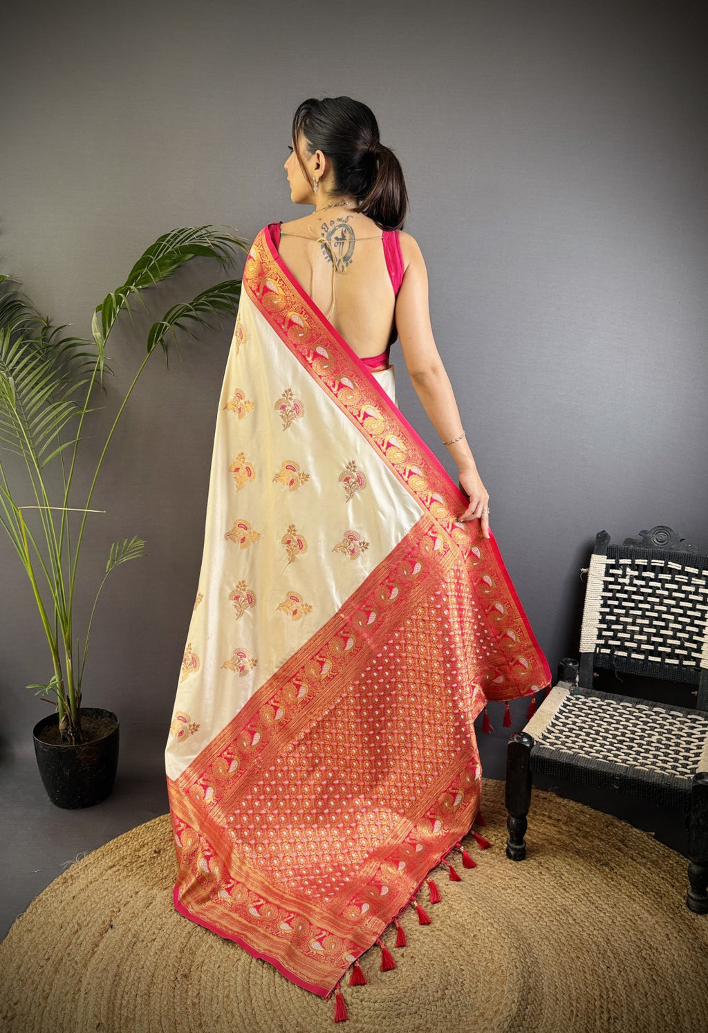 Off white traditional banarasi silk saree with zari weaving work