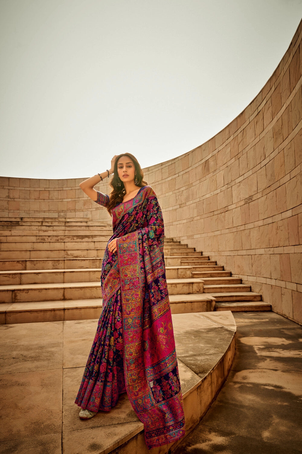 Blue traditional pashmina cotton saree with woven design