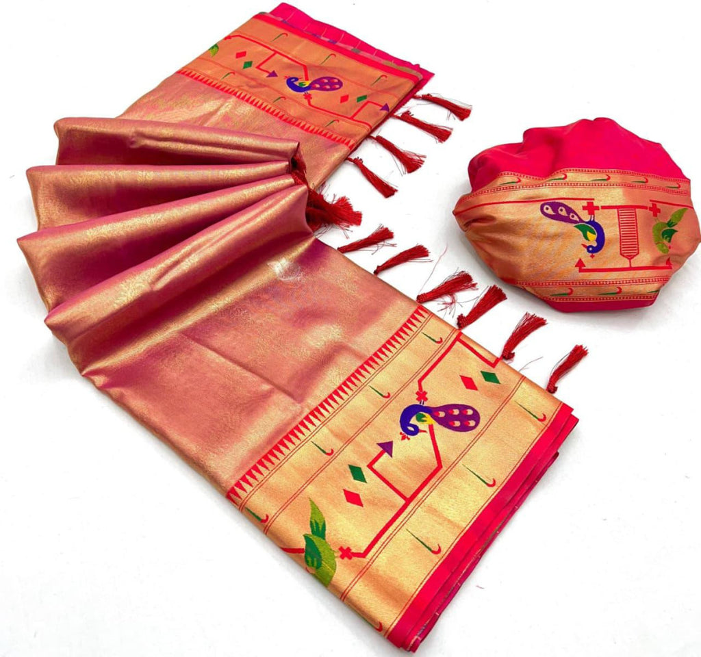 Baby pink soft tissue paithani silk saree with zari weaving work