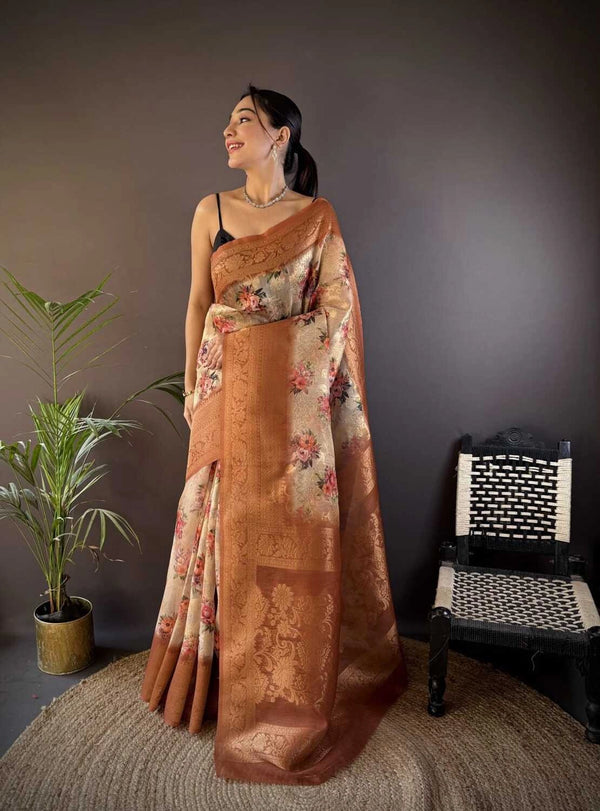Fancy Brown linen silk saree with digital printed work