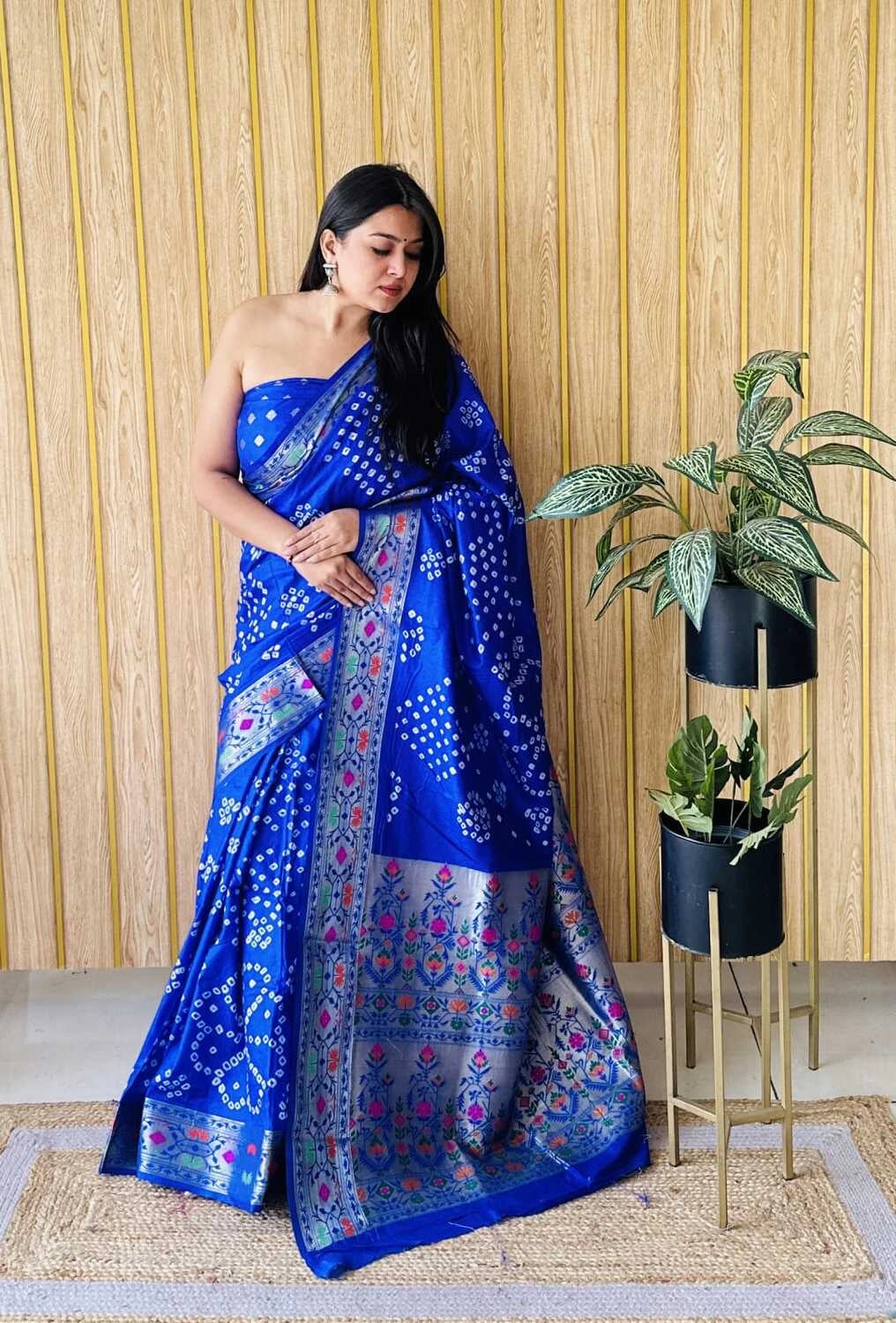Royal blue premium paithani bandhej silk bandhani saree with zari weaving work