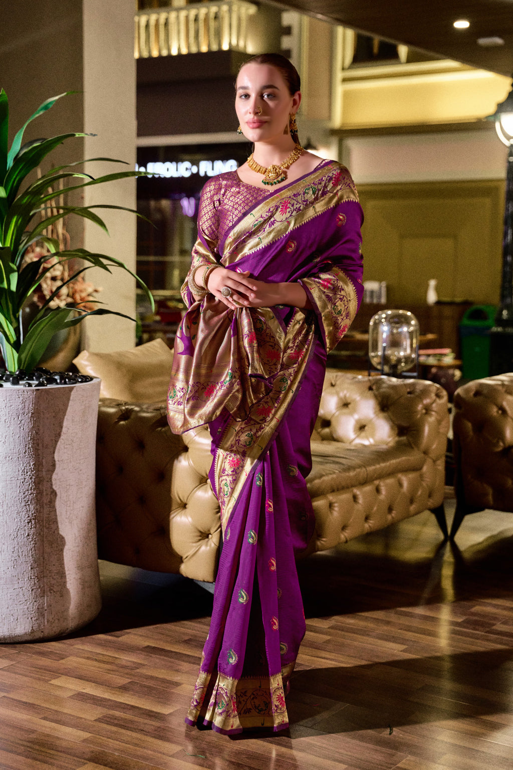 Traditional magenta paithani silk saree with zari weaving work