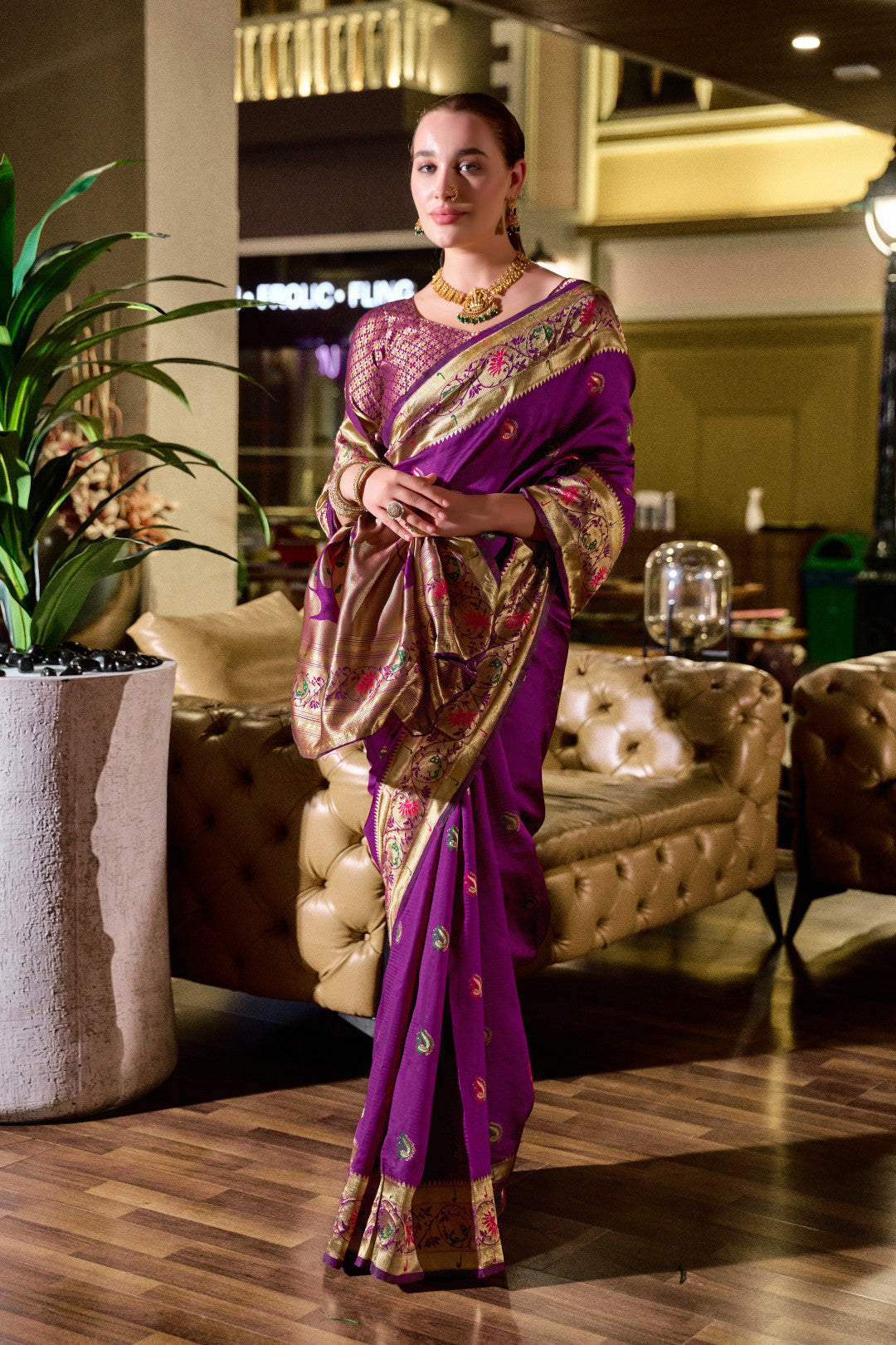 Traditional magenta paithani silk saree with zari weaving work