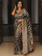 Black premium banarasi katan silk saree with zari weaving & lace border
