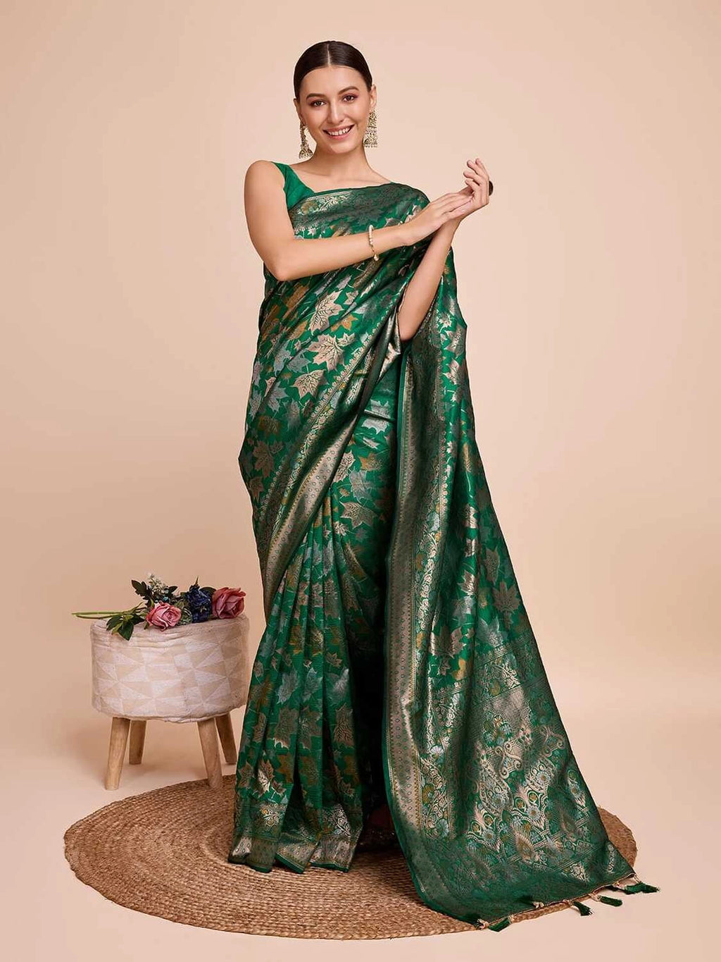 Golden & copper zari weaving with green color soft silk banarasi saree