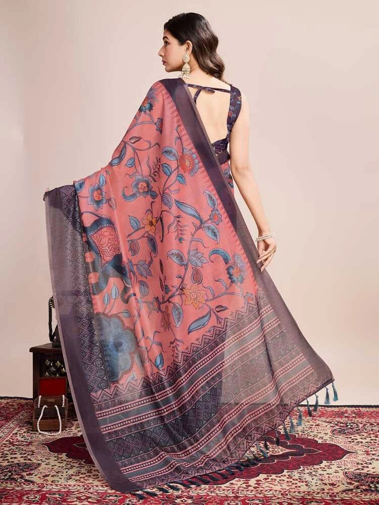 Multi soft linen cotton saree with kalamkari printed work
