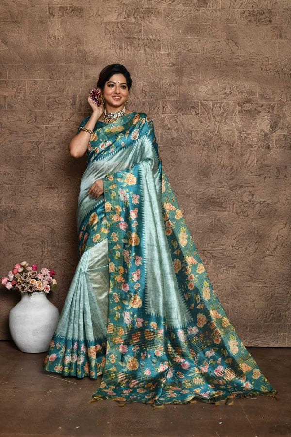 Rama green color tussar silk saree with digital printed work