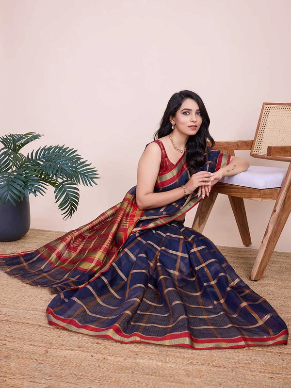 Navy blue kota doriya saree with zari weaving work