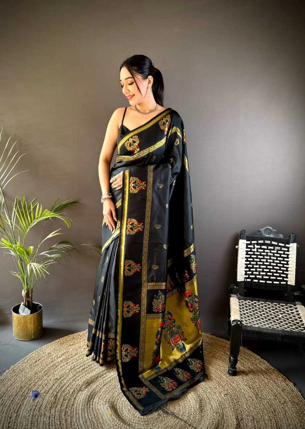 Black traditional paithani silk saree with meenakari zari weaving work
