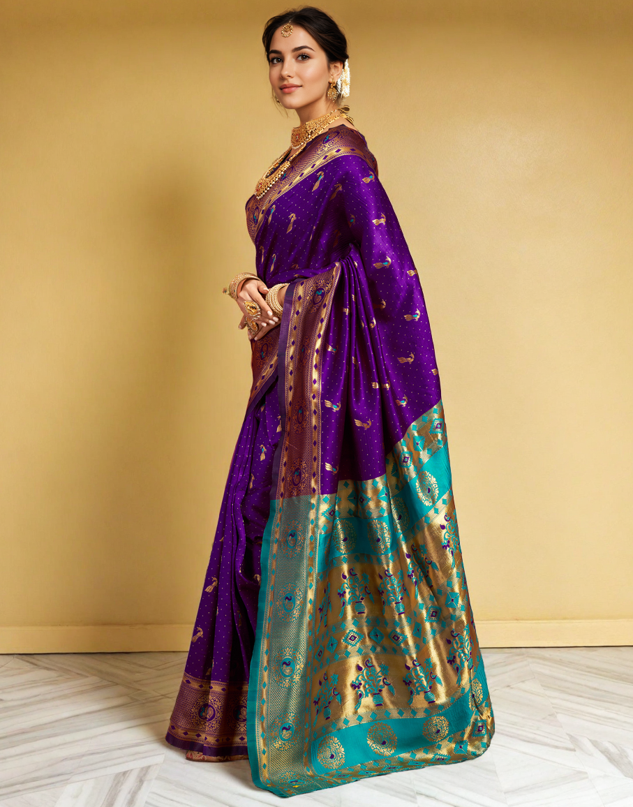 Traditional purple paithani silk saree with zari weaving work