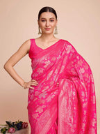 Golden & copper zari weaving with pink color soft silk banarasi saree
