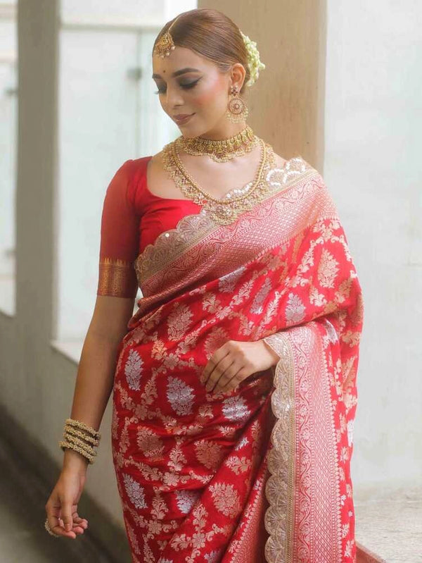 Red premium banarasi katan silk saree with zari weaving & lace border
