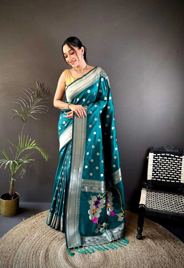 Rama green Nath paithani silk saree with zari weaving work