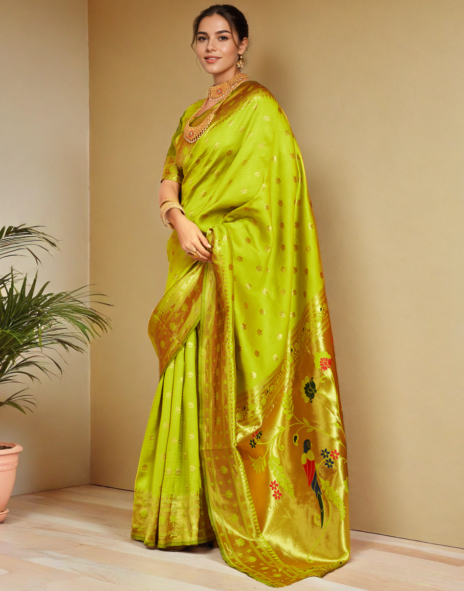 Traditional parrot green paithani silk saree with zari weaving work