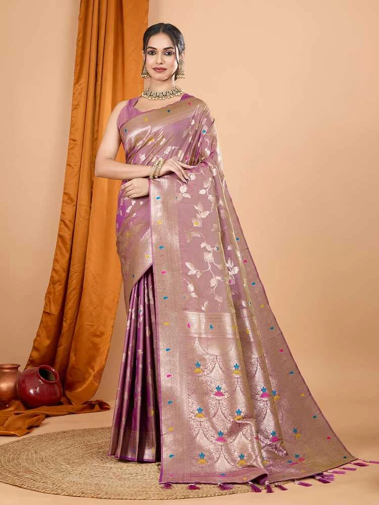 Brown premium banarasi silk saree with meenakari zari weaving work