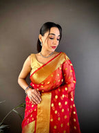 Red latest organza silk saree with zari weaving work