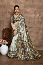 Gray color tussar silk saree with digital printed work