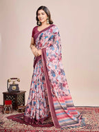 Multi soft linen cotton saree with floral printed work