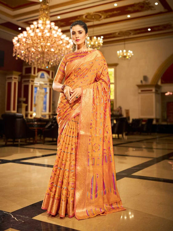 Orange soft organza silk saree with zari weaving work