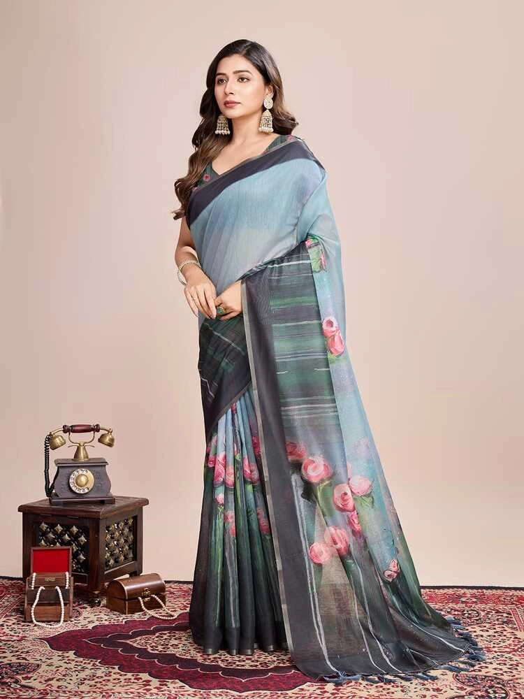 Gray soft linen cotton saree with floral printed work