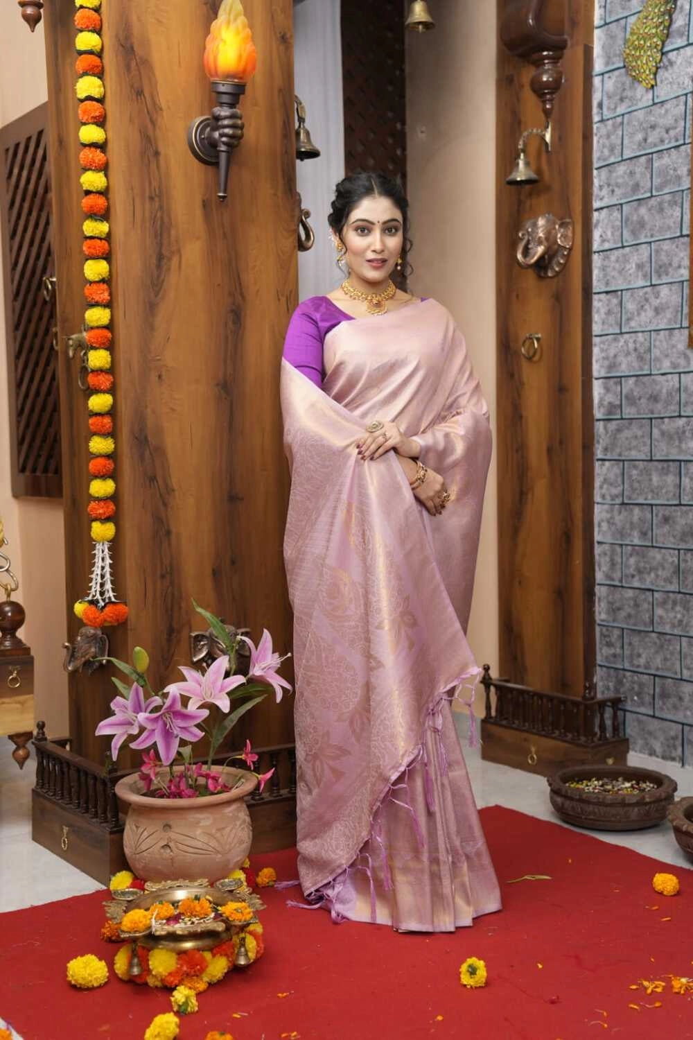 Lavender color kanjivaram silk saree with zari weaving work
