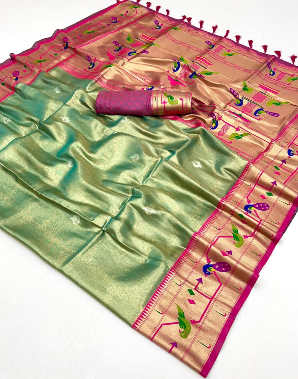 Rama green soft tissue paithani silk saree with zari weaving work