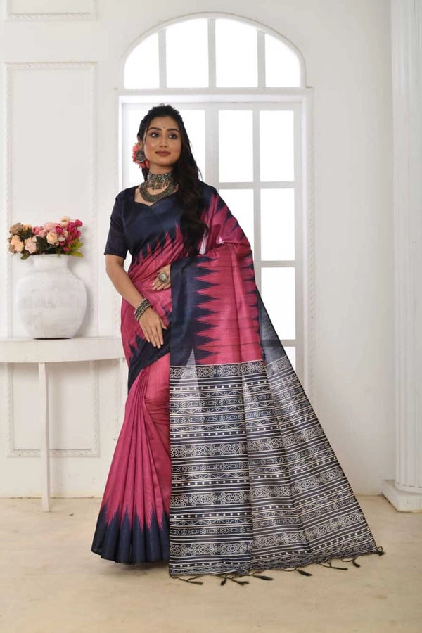 Rani pink color tussar silk saree with printed work
