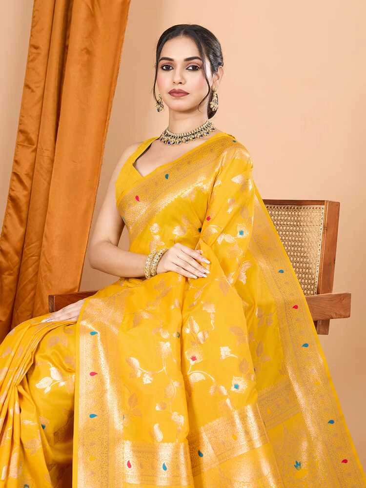 Yellow premium banarasi silk saree with meenakari zari weaving work