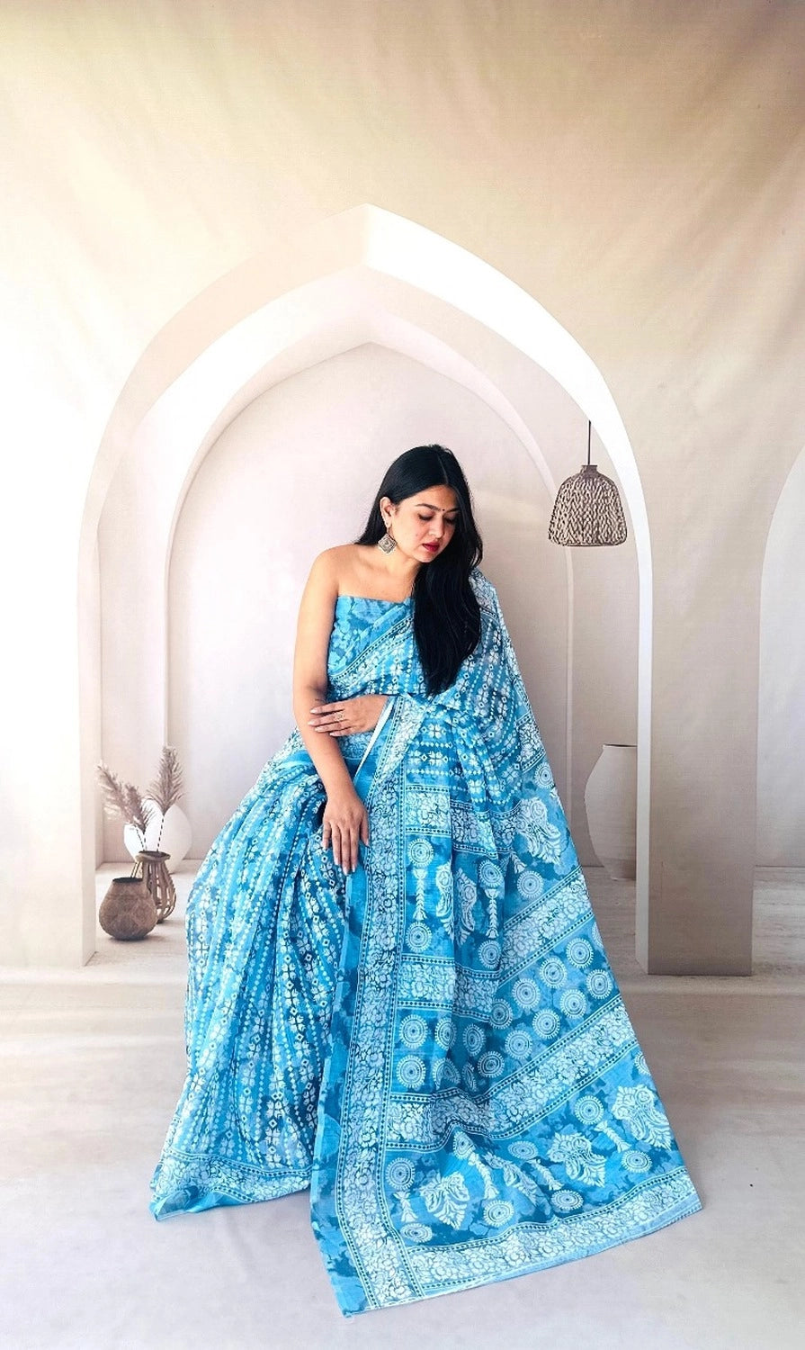 Sky blue batik digital printed fancy linen cotton saree