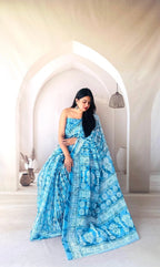 Sky blue batik digital printed fancy linen cotton saree