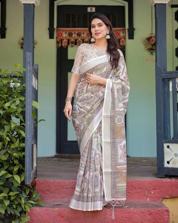 Multi summer special digital printed linen cotton saree