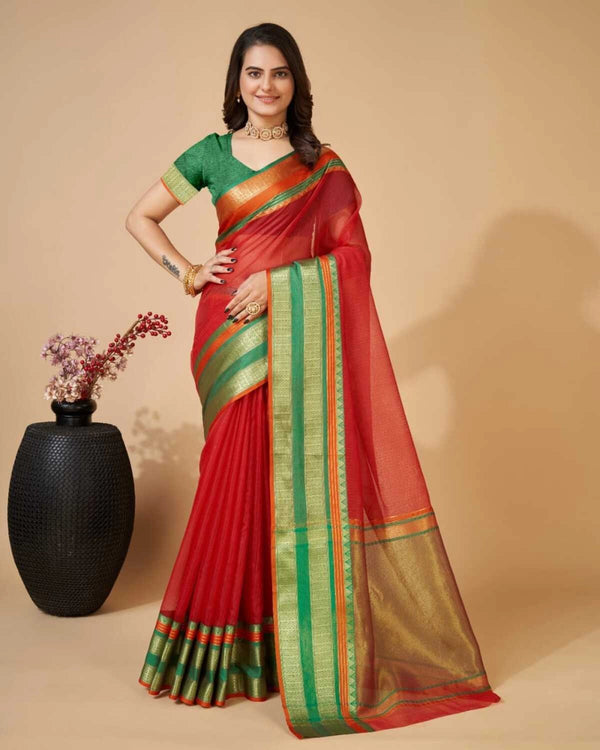 Red color kota doriya saree with zari weaving work
