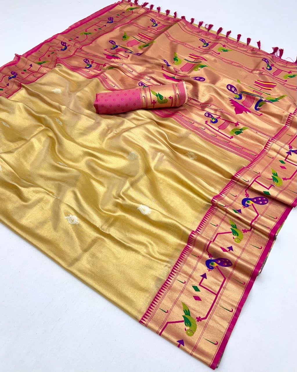 Off white soft tissue paithani silk saree with zari weaving work