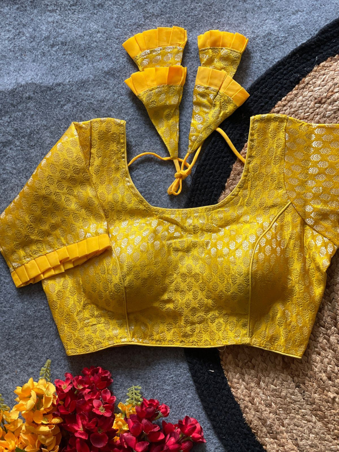 Yellow katan banarasi readymade blouse with zari weaving work
