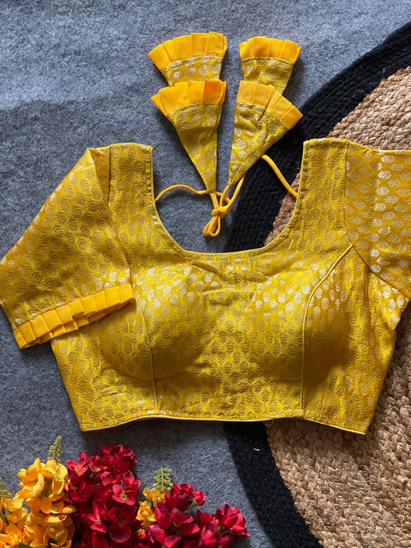 Yellow katan banarasi readymade blouse with zari weaving work