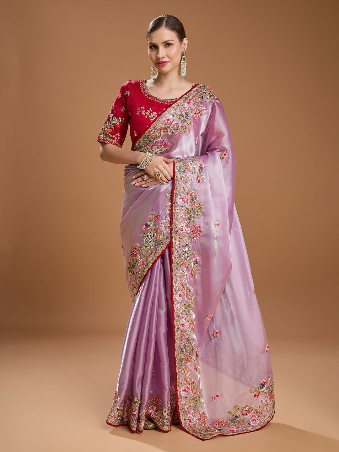 Baby pink jimmy choo saree with embroidery and sequence work with piping border