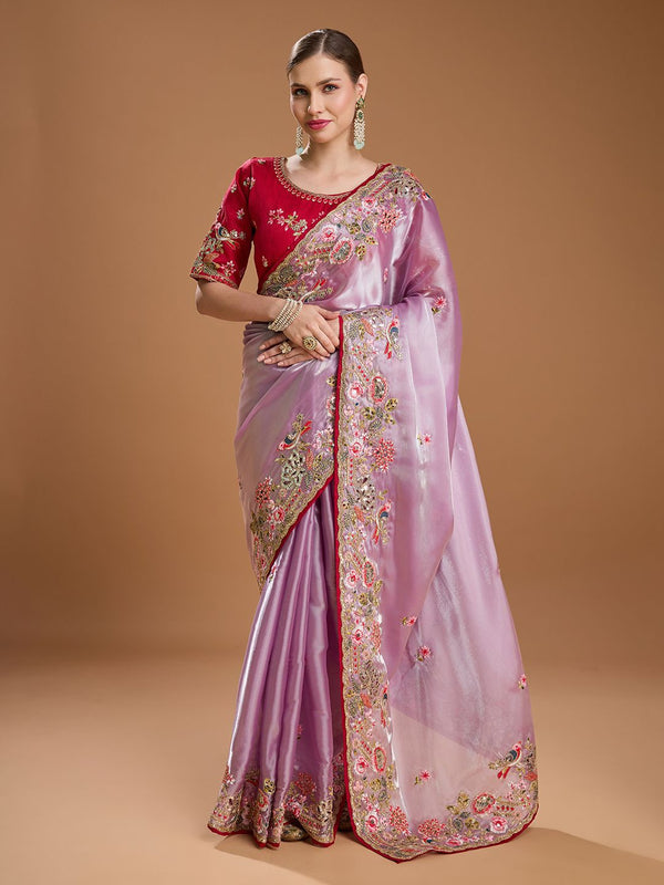Baby pink jimmy choo saree with embroidery and sequence work with piping border
