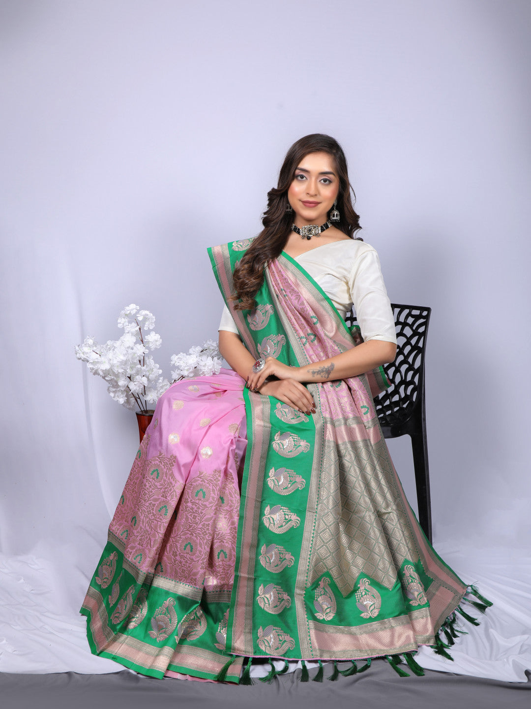 Baby pink color kanchipuram silk saree with zari weaving work